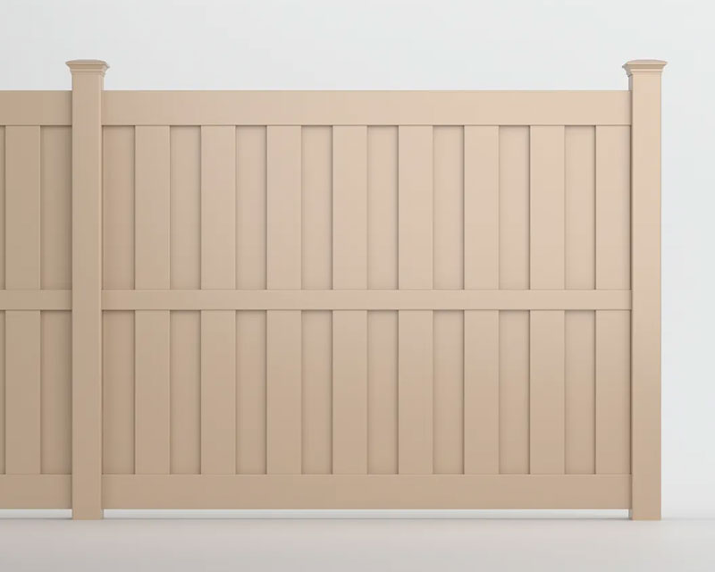 Clay coloured shadow-box vinyl fence with boards alternating on both sides of the rail