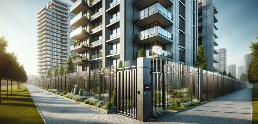 modern apartment complex secured by sleek high-quality steel fencing