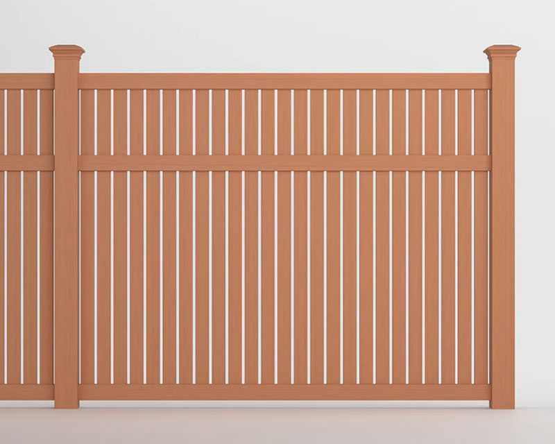 Cedar toned semi-private vinyl fence with evenly spaced narrow slats