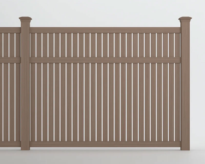 Brown woodgrain vinyl fence panel with narrow gaps between the boards