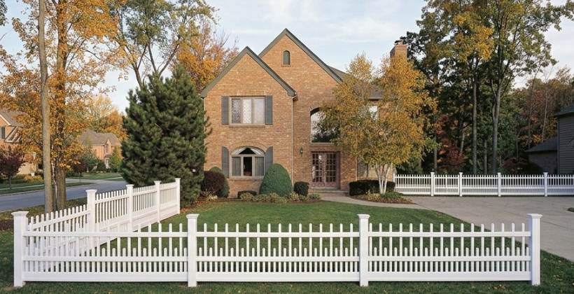 White Vinyl Bufftech Canterbury fence in front of brick house
