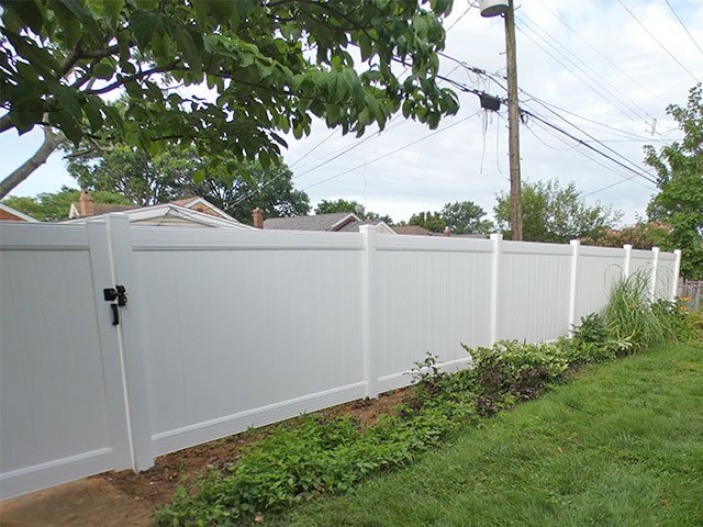 A new white vinyl privacy fence with a black latch gate running beside shrubs on the same lot