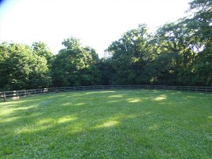 Old wood split rail fence with chicken wire before replacement in Barnhart, MO (view 1 of 4)