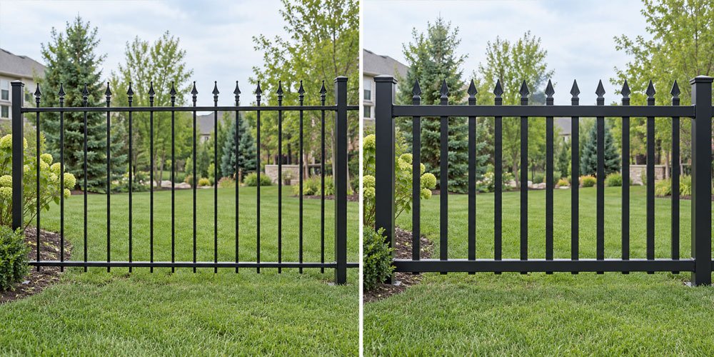 Side-by-side comparison of a black aluminum picket fence and a heavier black ornamental steel fence in similar backyard settings