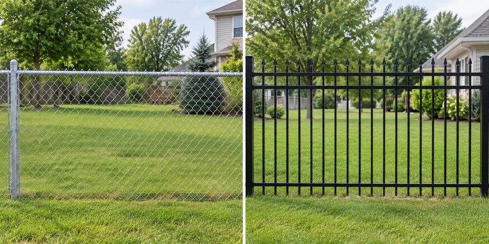 Side-by-side comparison of a silver chain-link fence and a black aluminum picket fence in similar backyard settings