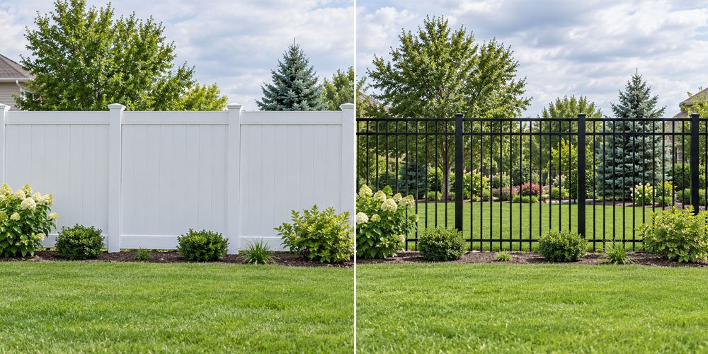 Side-by-side comparison of a solid white vinyl privacy fence and an open black aluminum picket fence in similar backyard settings