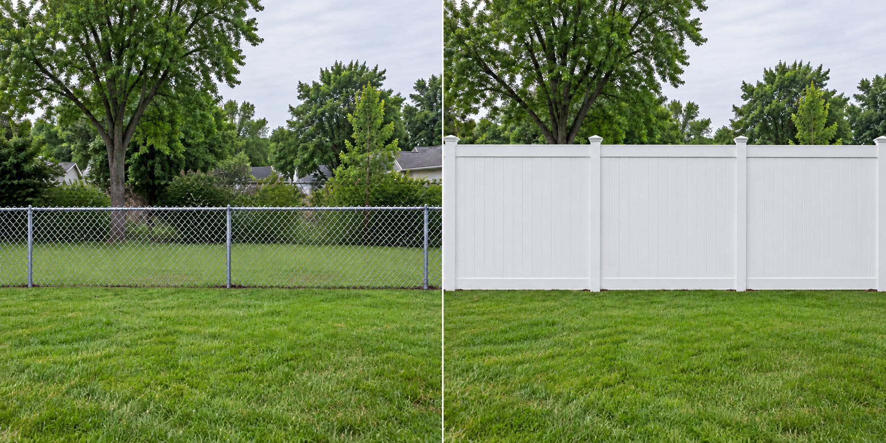 Side by side backyard fences: a galvanized chain link fence you can see through on the left and a solid white vinyl privacy fence on the right